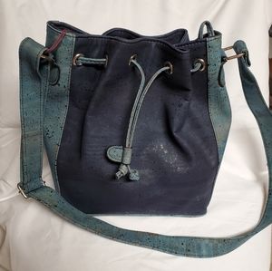 Tie top bucket bag made Artelusa from Portuguese cork. Blue in c…
